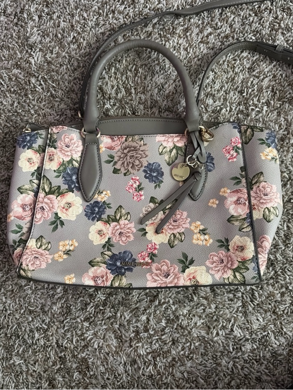 Gray Floral Satchel Handbag with Pink & Blue Flowers